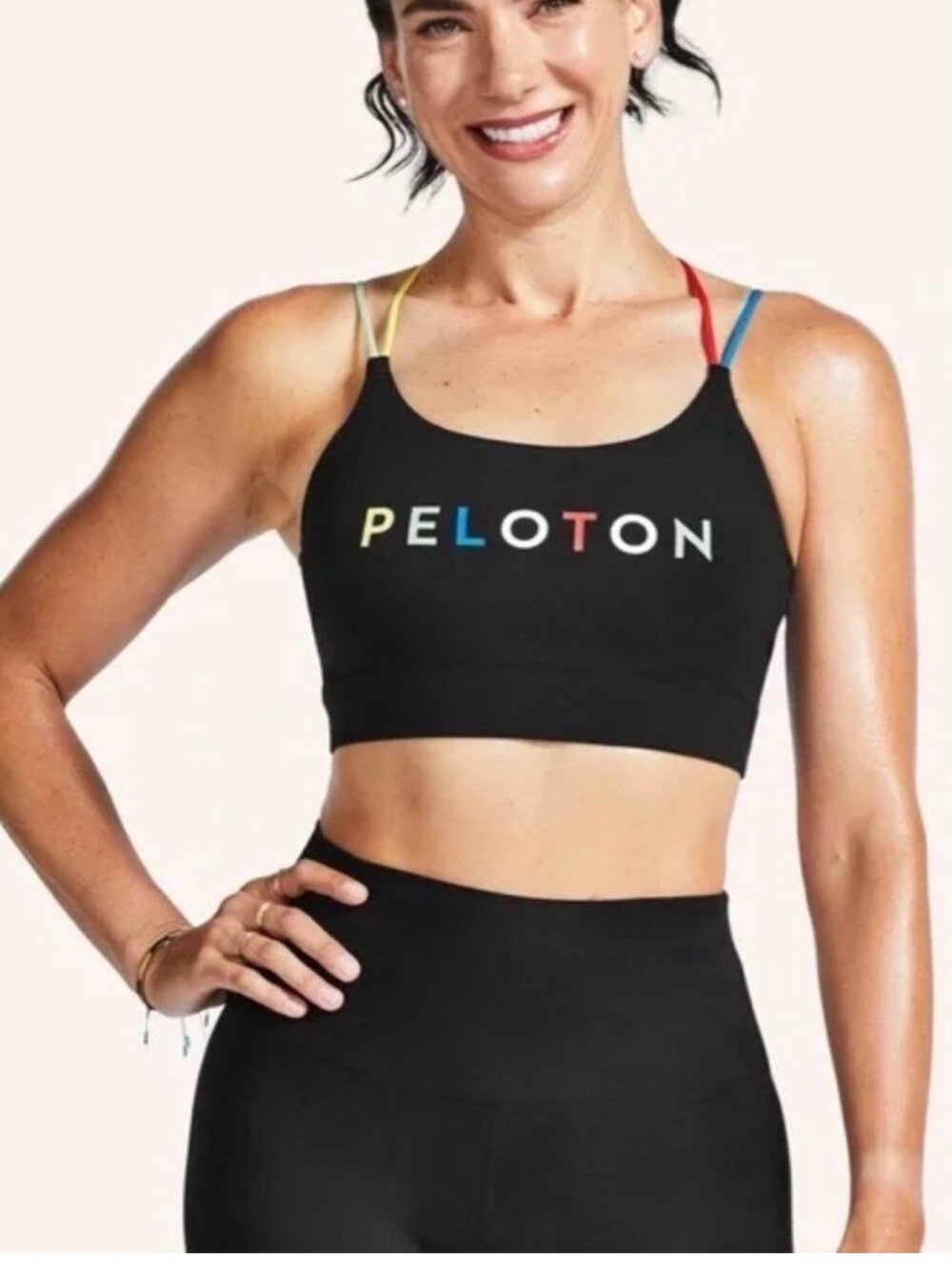 Peloton Black Sports Bra with Rainbow Logo and Straps